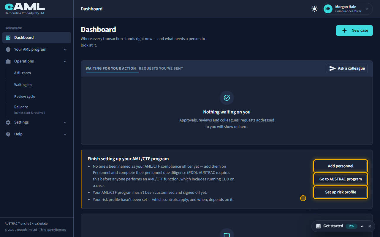 The three things the dashboard asks for, each with its own button.