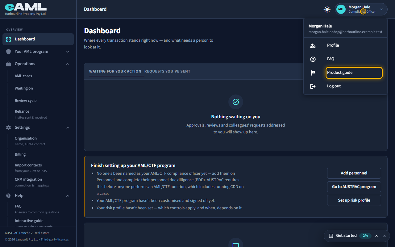 Your account menu: profile, product guide, log out: the screen at this step