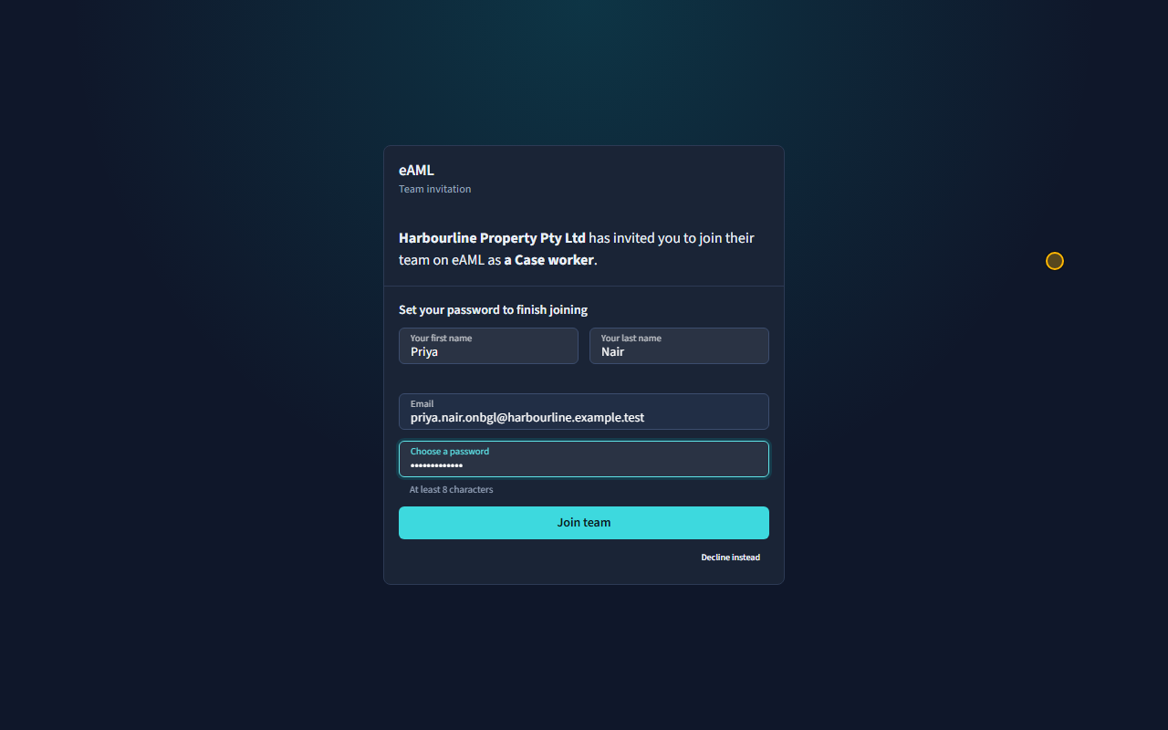 The invitation page: name, password, Join team.