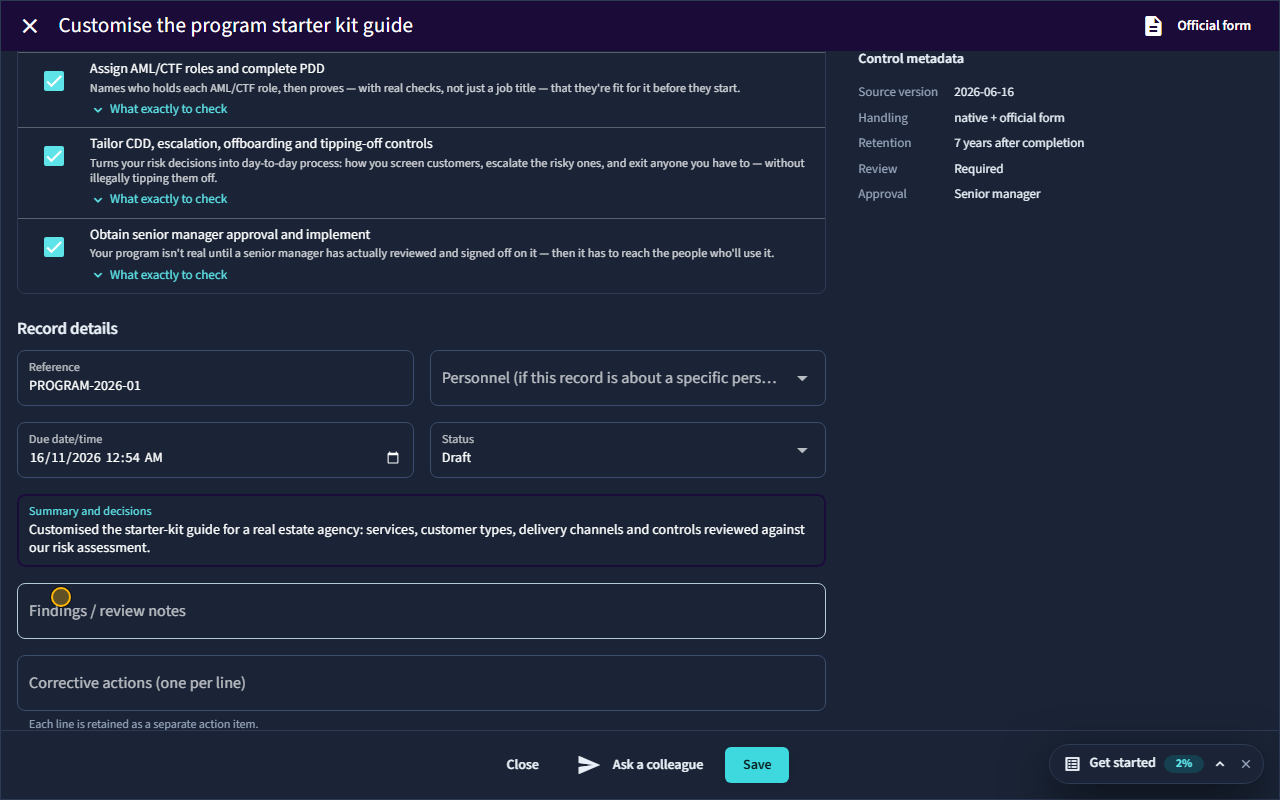 The evidence panel on a form.