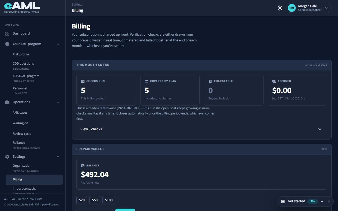 Billing: this month so far, the wallet and the invoices.