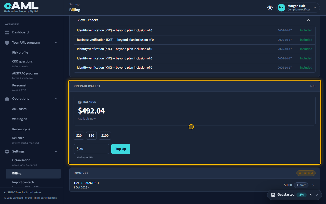 Prepaid wallet: the balance, the top-up amounts and the minimum.