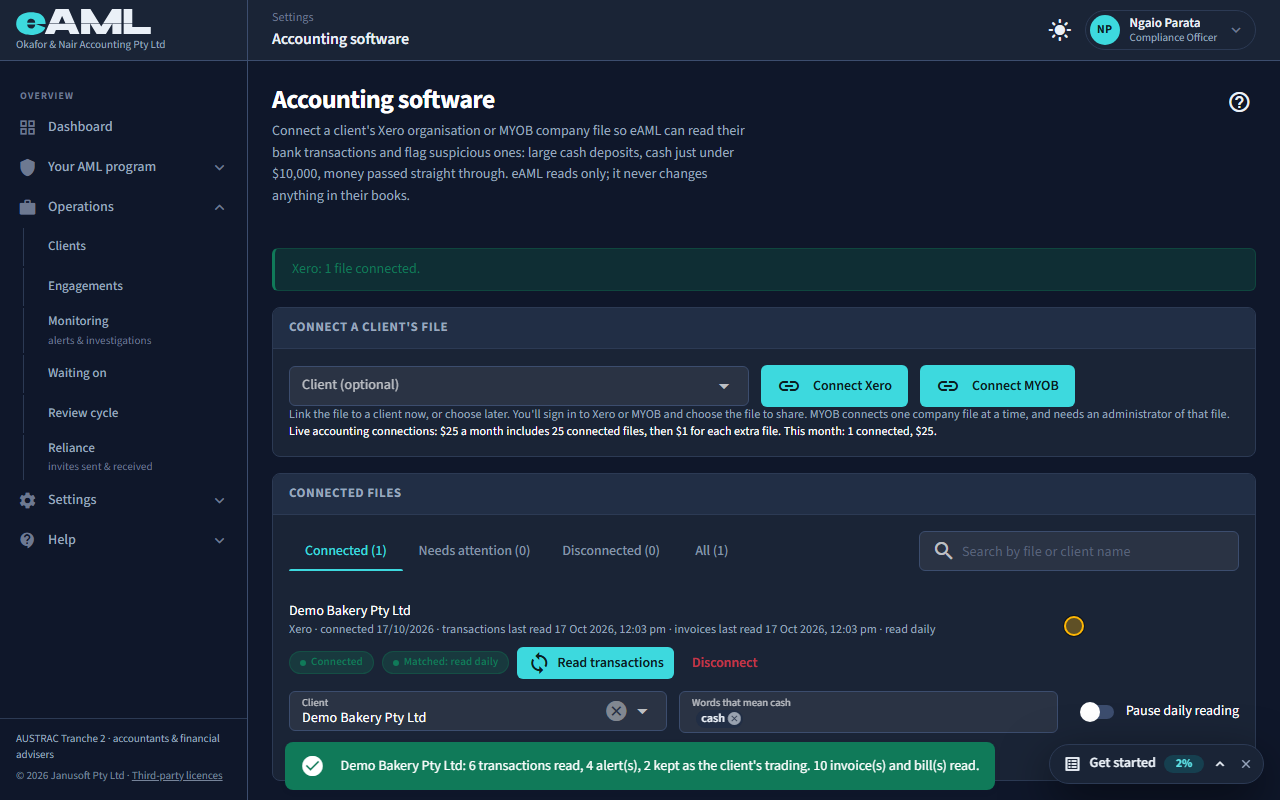 A connected file after reading: transactions, alerts and invoices.