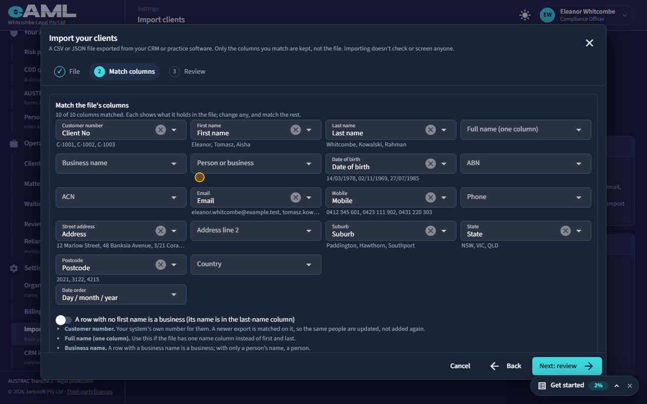 The file’s columns matched to eAML’s fields.