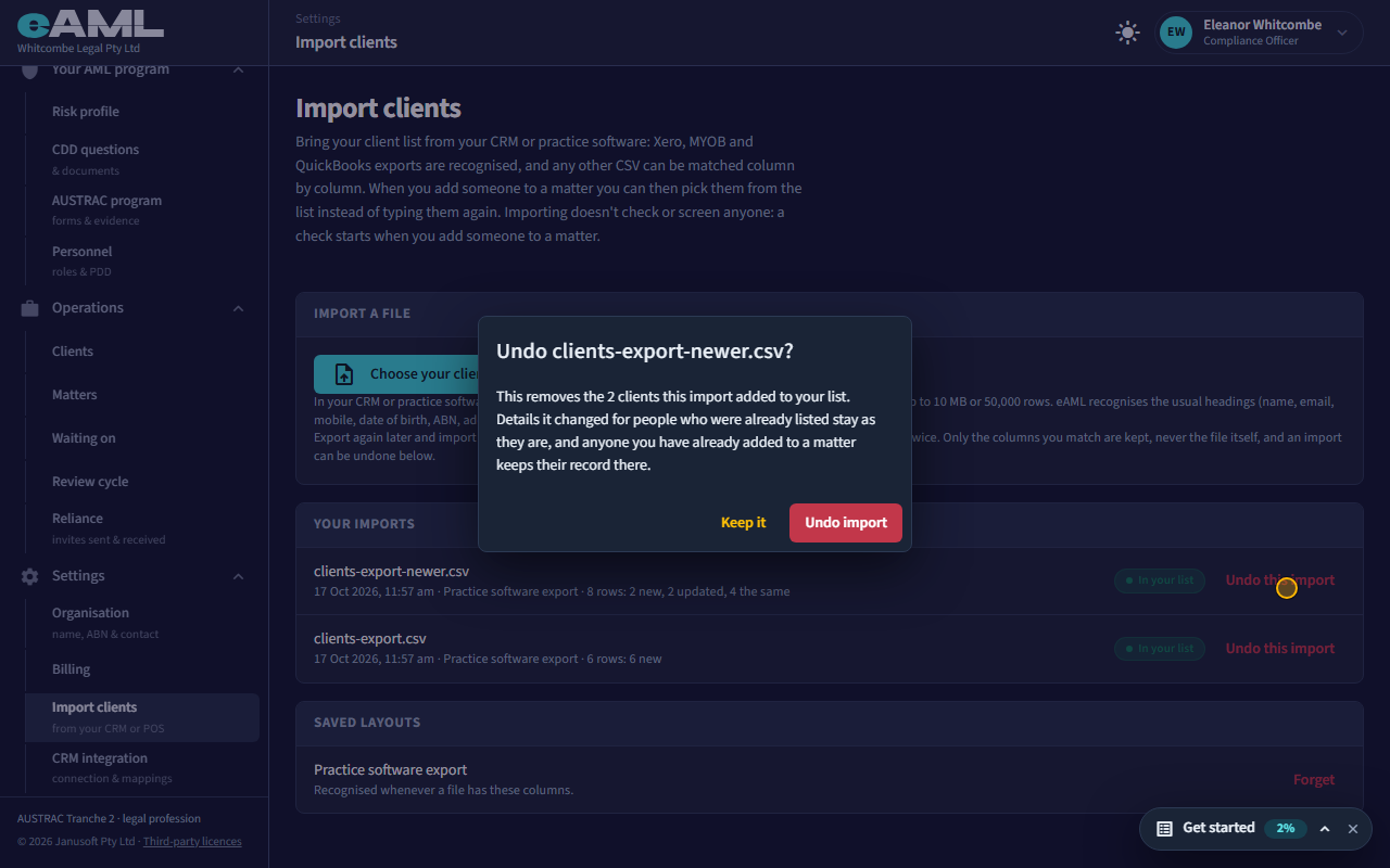 Undo an import: the screen at this step