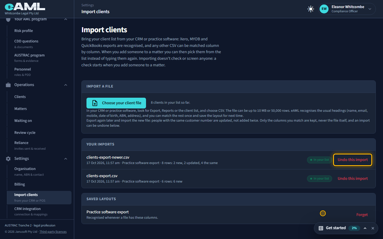 Undo an import: the screen at this step