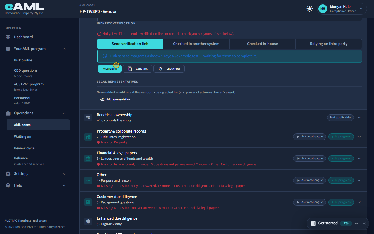 A verification link sent: waiting for the person, with Resend link, Copy link and Check now.