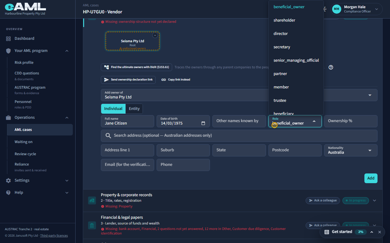 The Add owner form, with the role list open.