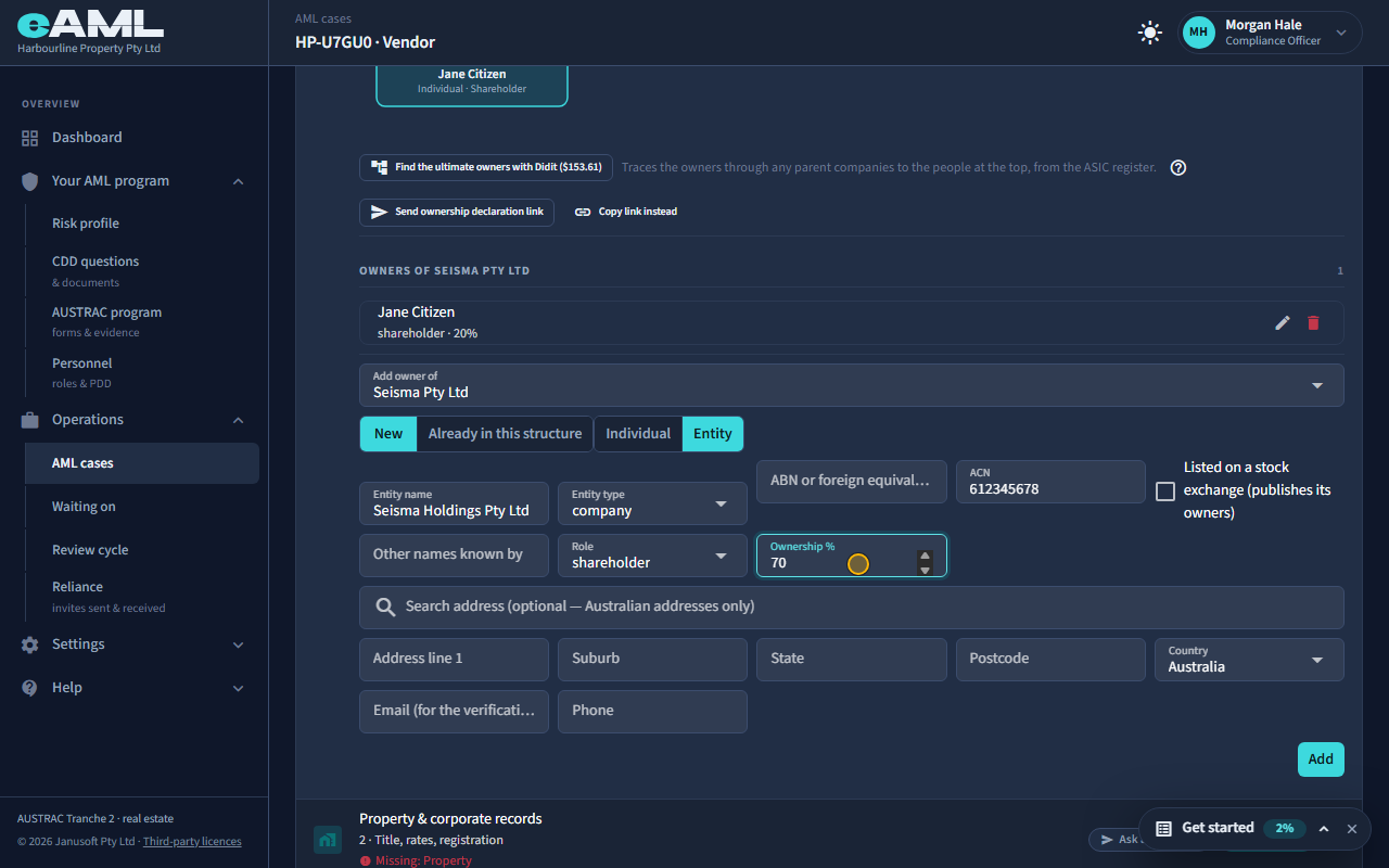 Add a company as an owner: the screen at this step