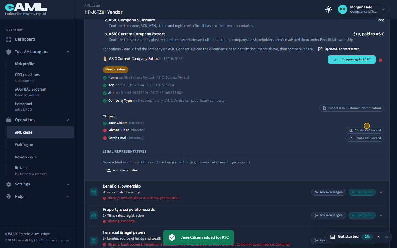 Officers the extract lists, with Create KYC record.