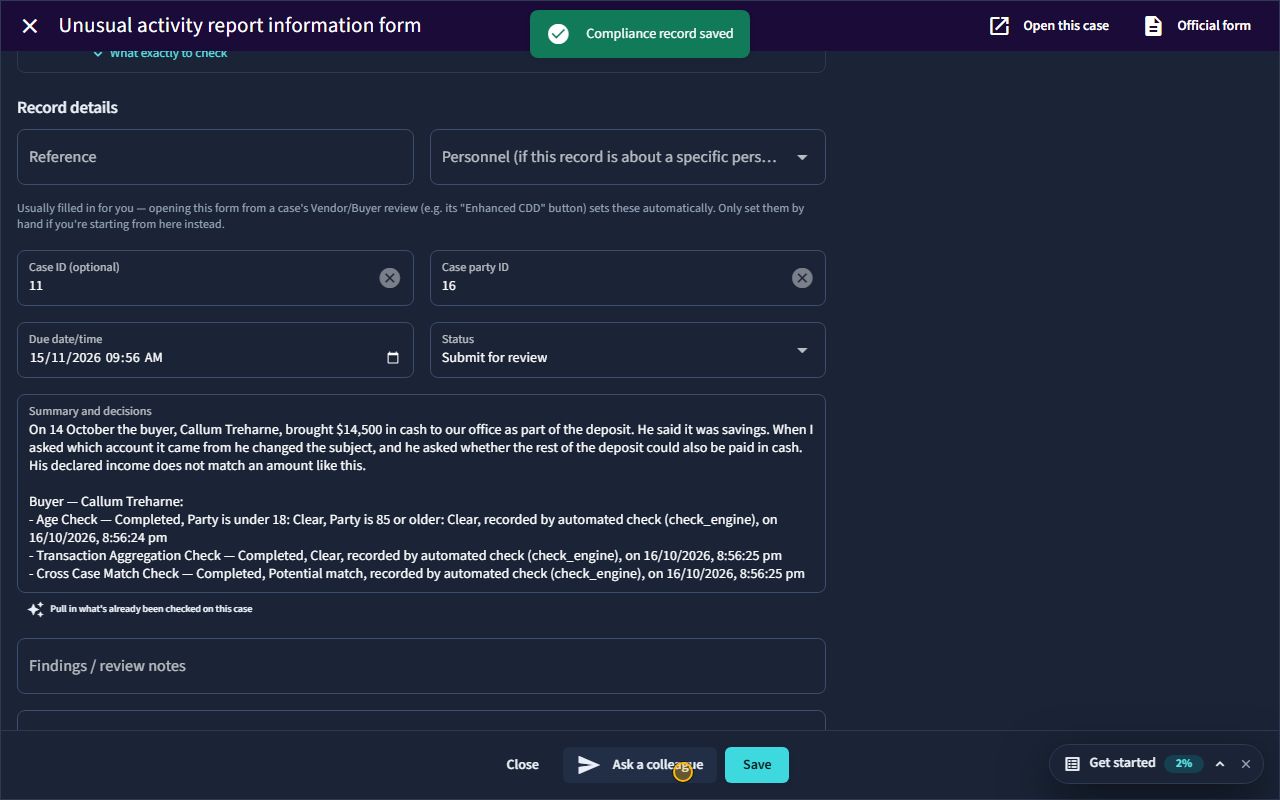 Raise unusual activity: the screen at this step