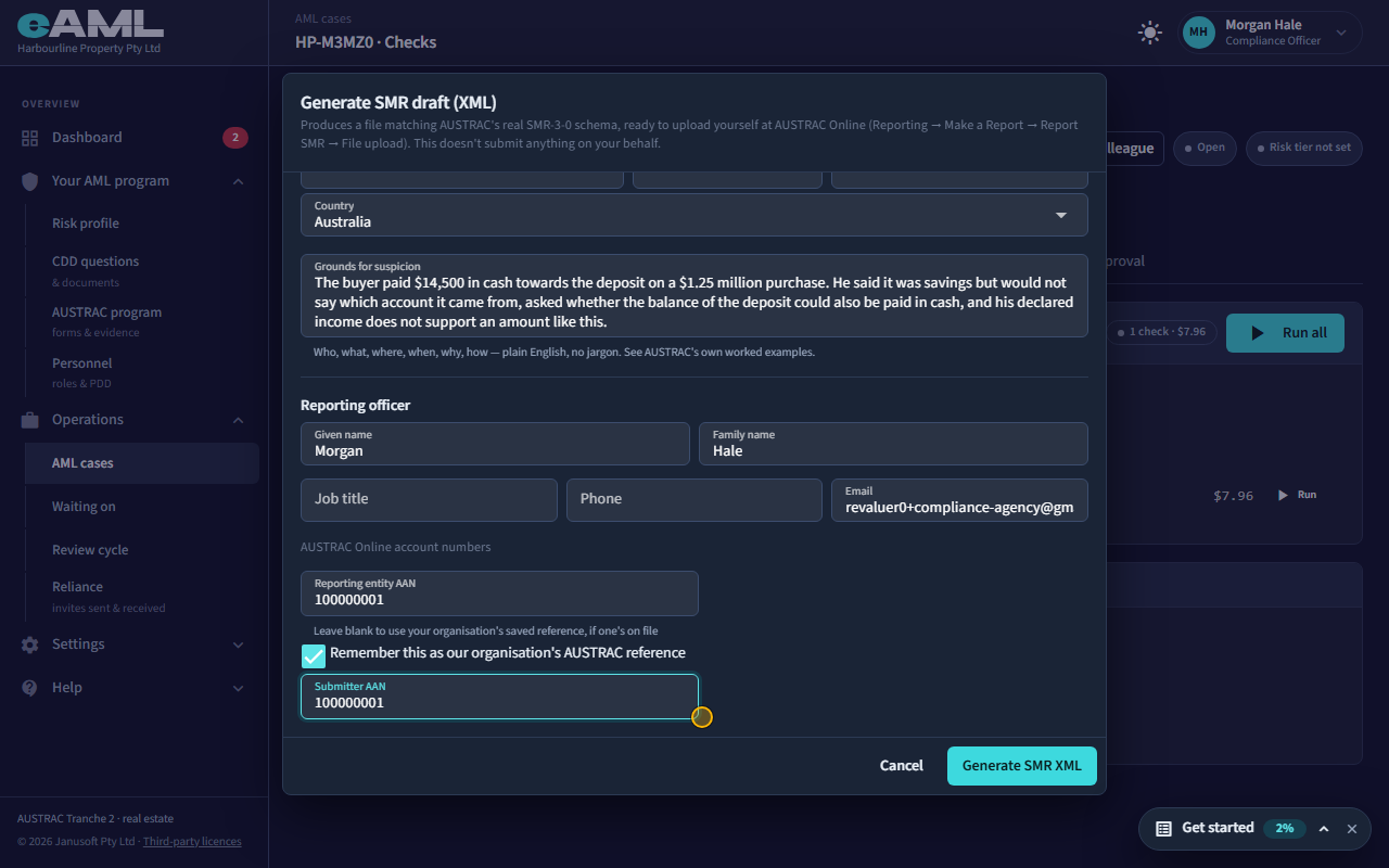 The grounds for suspicion, the reporting officer and the account numbers.