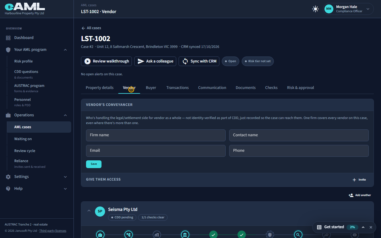 The vendor, a company, on its own card on the Vendor tab.