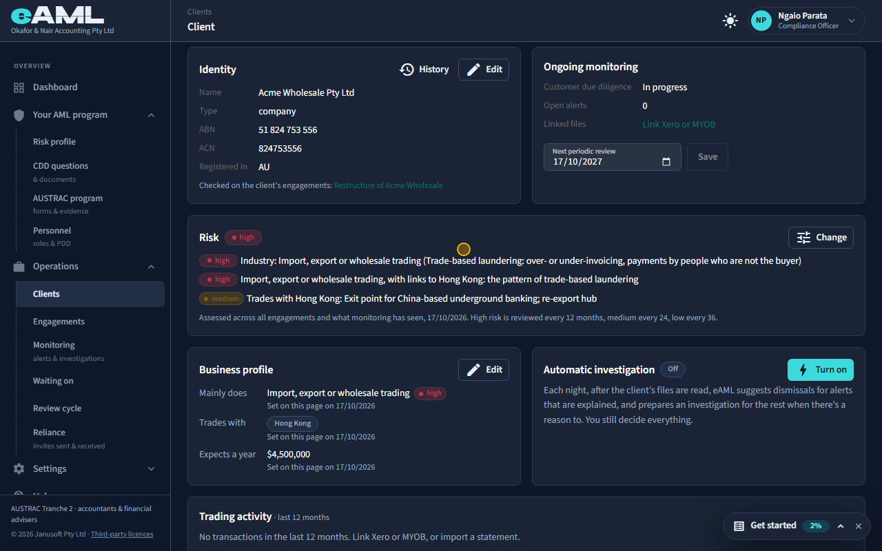 The client’s Risk card: the tier, and why.