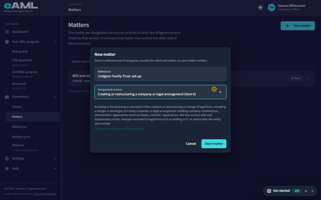 Start a matter for a designated service: the screen at this step